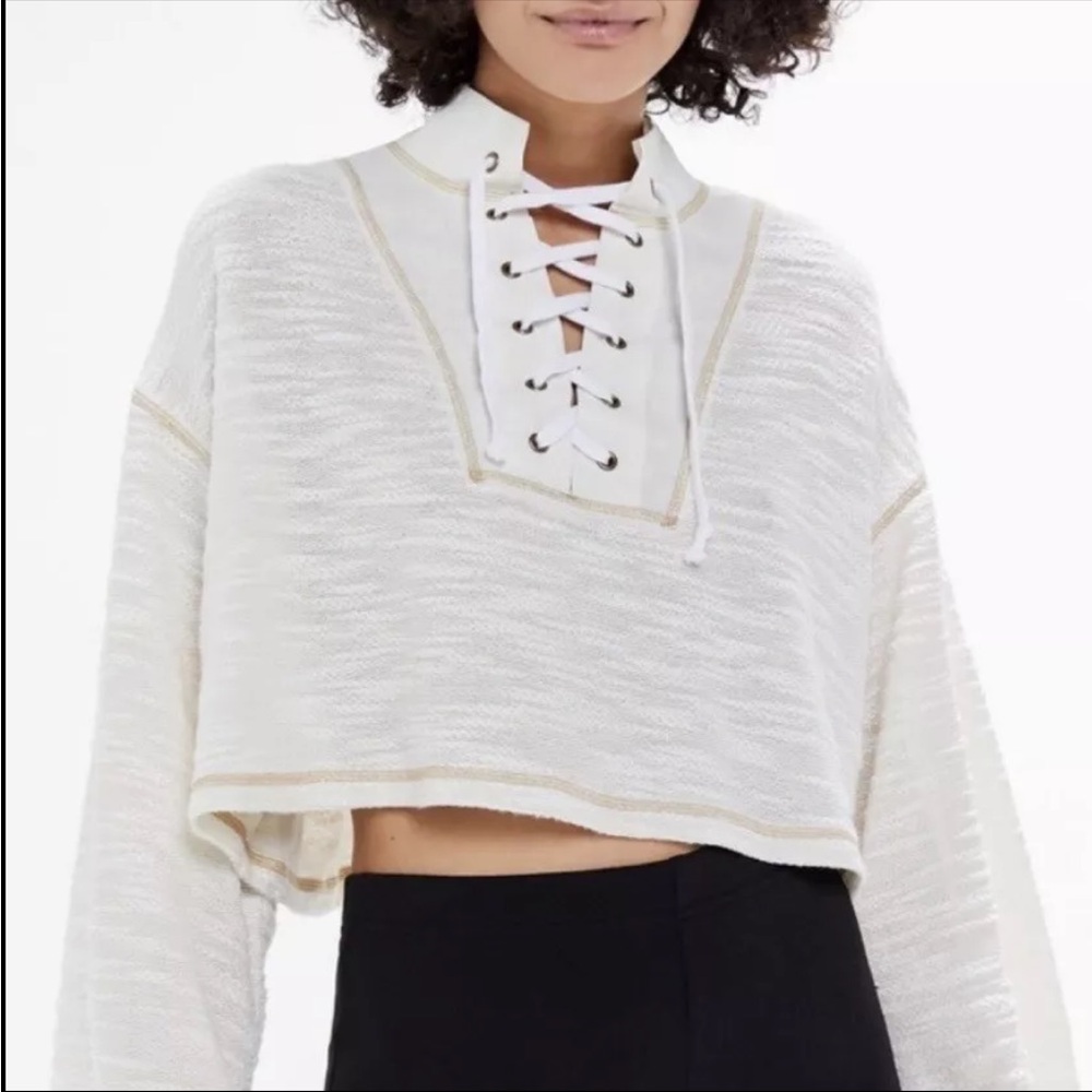 Urban Outfitters | Tague Lace Up Textured Cropped Knit Top | Cream | Medium